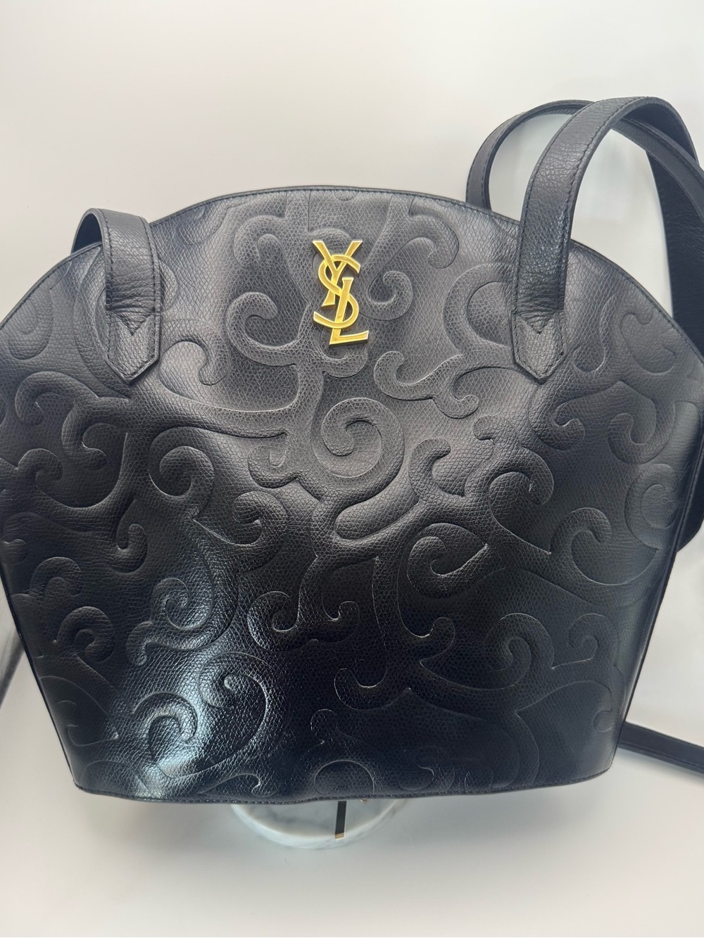 Saint Laurent Embossed Leather Vintage Black Shoulder Bag with Gold YSL Emlem